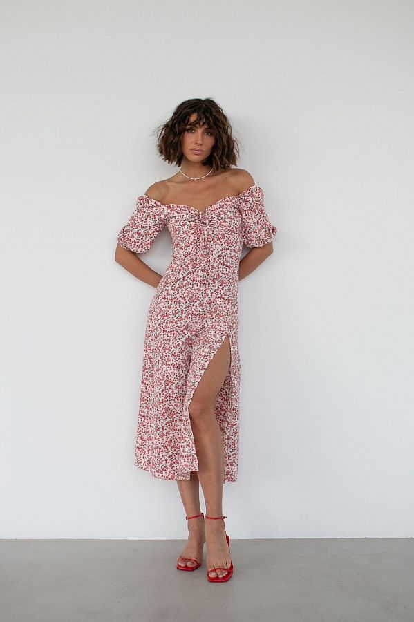 Сукня міді з розпіркою короткий рукав молочна в червоні квіти D0622 № 2