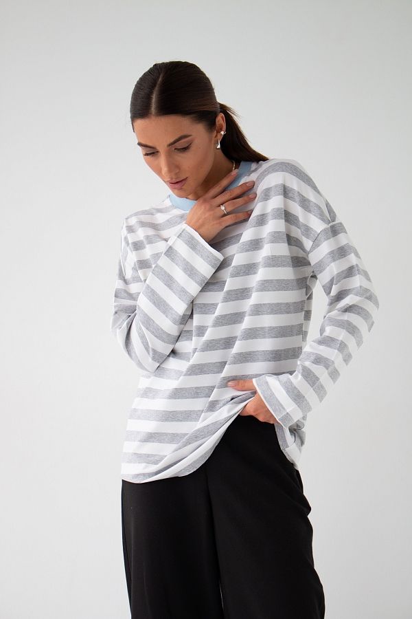 Лонгслів у смужку сірий з блакитним комірцем Т0822 #RU# Лонгслив в полоску серый с голубым воротником Т0822 № 3