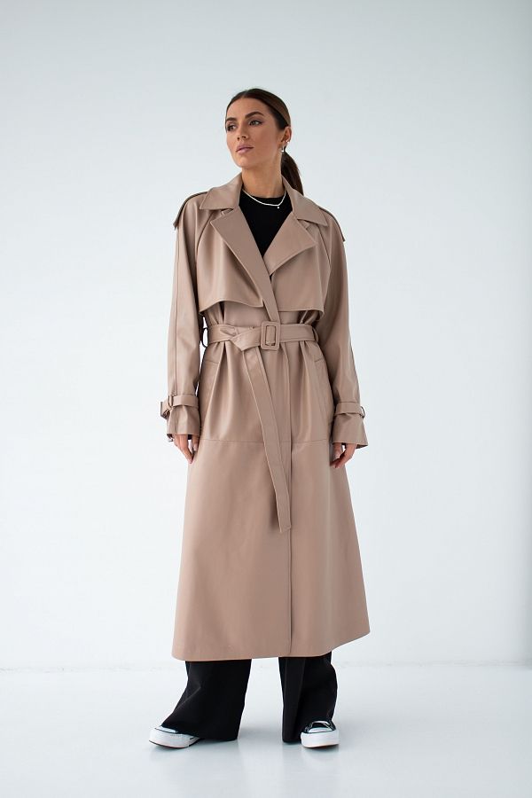 Trencz z ekoskóry na zamszu kawowy С0321 #RU# Тренч из экокожи кофейный С0321 № 1