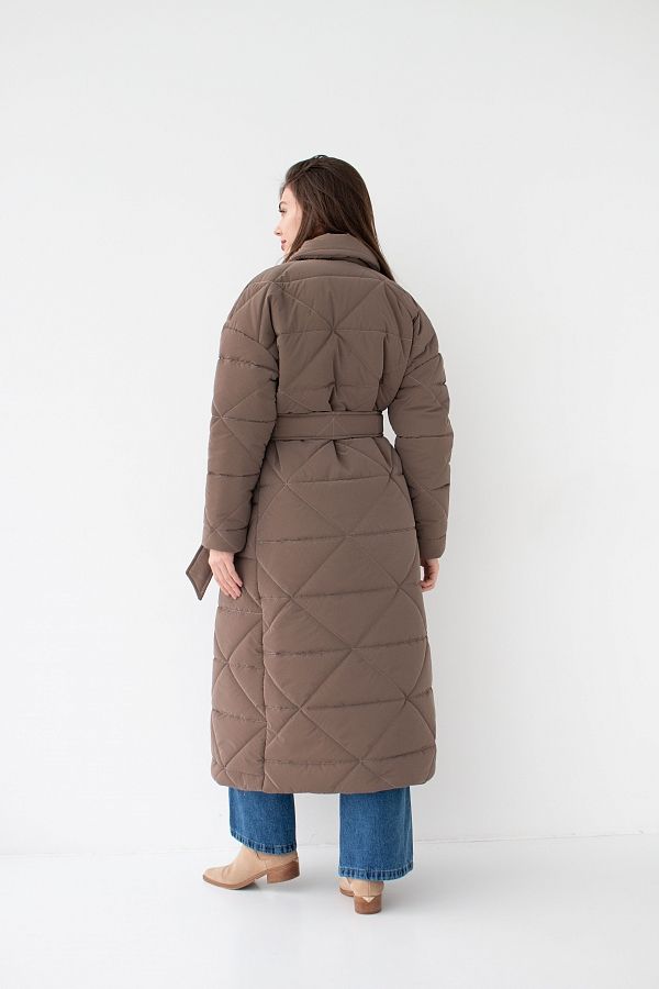 Куртка стьобана довга з поясом візерунок трикутник темно-коричнева К0221 #RU# Куртка стеганная длинная с поясом узор треугольник темно-коричневый К0221 № 5