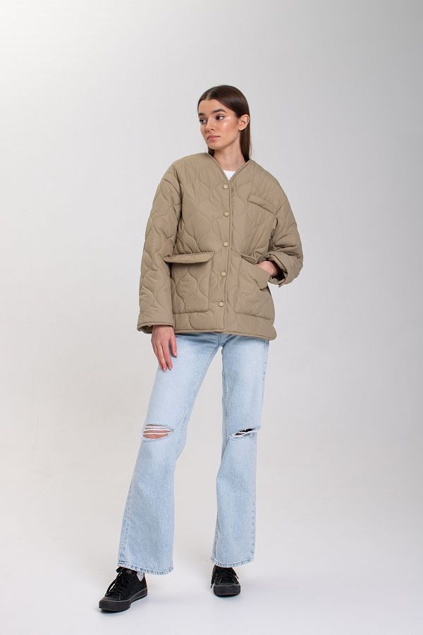 Куртка на кнопках з кишенями візерунок хвилька оливкова К0423 #RU# Куртка на кнопках с карманами узор волна оливковая К0423 № 4