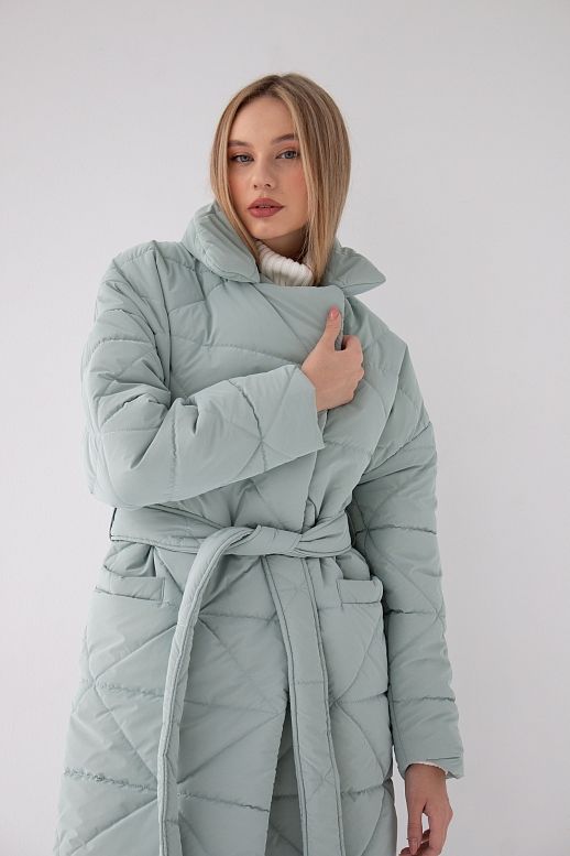 Куртка стьобана довга з поясом візерунок трикутник м'ятна - №2