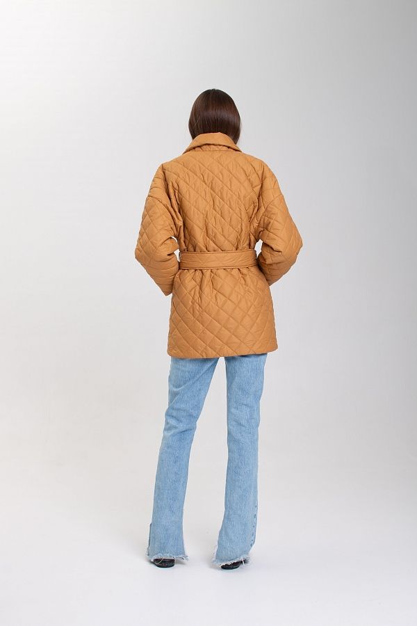 Куртка стьобана на кнопці з поясом гірчичний К0321 #RU# Куртка стеганная на кнопке с поясом горчичная К0321 № 4