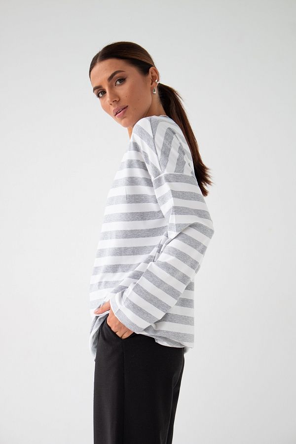 Лонгслів у смужку сірий з блакитним комірцем Т0822 #RU# Лонгслив в полоску серый с голубым воротником Т0822 № 2