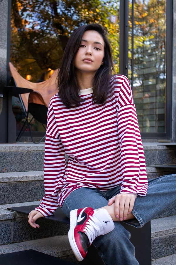 Лонгслів у смужку бордовий Т0822 #RU# Лонгслив в полоску бордовый Т0822 № 1