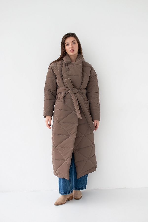 Куртка стьобана довга з поясом візерунок трикутник темно-коричнева К0221 #RU# Куртка стеганная длинная с поясом узор треугольник темно-коричневый К0221 № 2