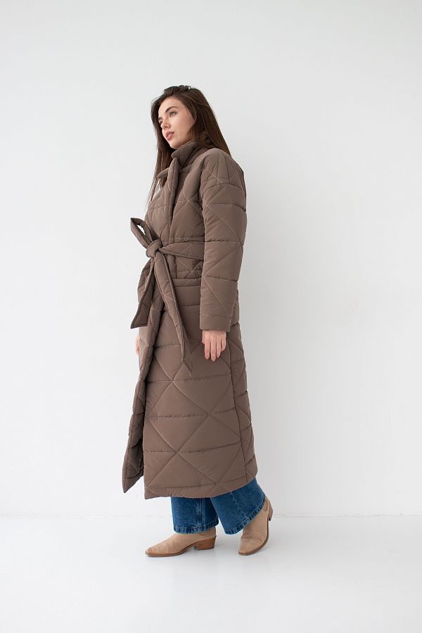 Куртка стьобана довга з поясом візерунок трикутник темно-коричнева К0221 #RU# Куртка стеганная длинная с поясом узор треугольник темно-коричневый К0221 № 4