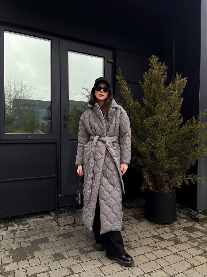 Куртка стьобана довга з поясом візерунок хвилька cіра К0221 #RU# Куртка стеганая длинная с поясом узор волна серая К0221 № 3