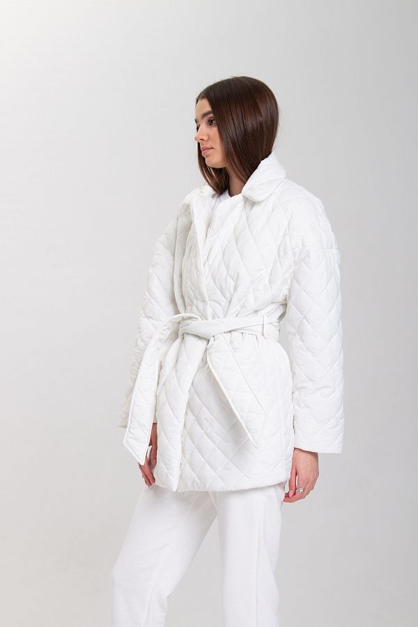 Куртка стьобана на кнопці з поясом біла К0321 #RU# Куртка стеганая на кнопке с поясом белая К0321 № 2