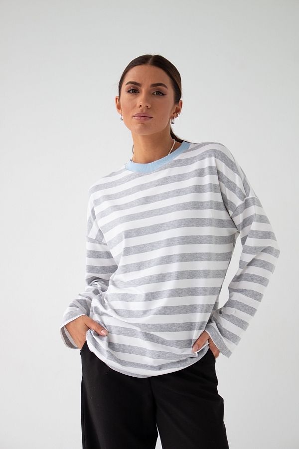 Лонгслів у смужку сірий з блакитним комірцем Т0822 #RU# Лонгслив в полоску серый с голубым воротником Т0822 № 1