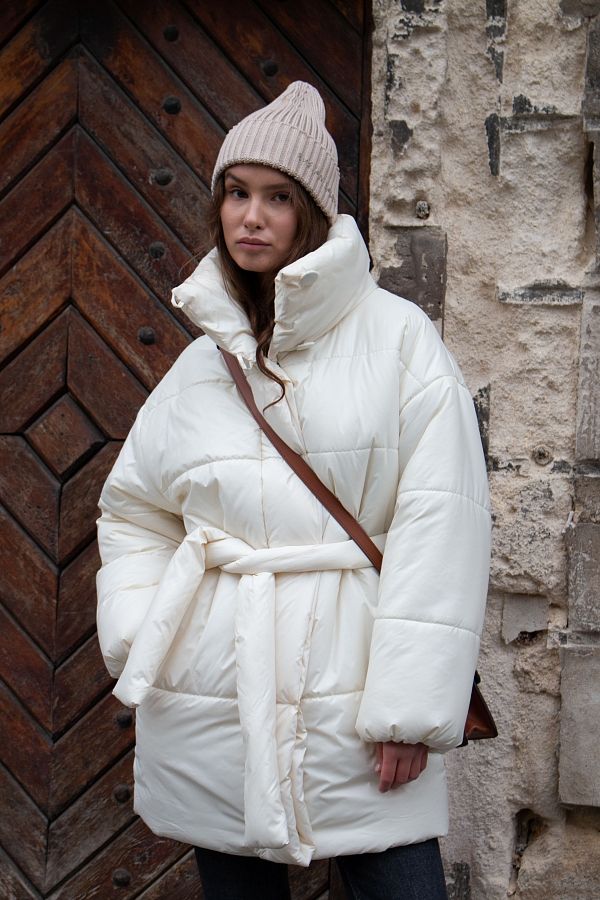 Куртка подовжена з високим коміром на кнопках молочна К0822 #RU# Куртка удлиненная с высоким воротником на кнопках молочная К0822 № 3