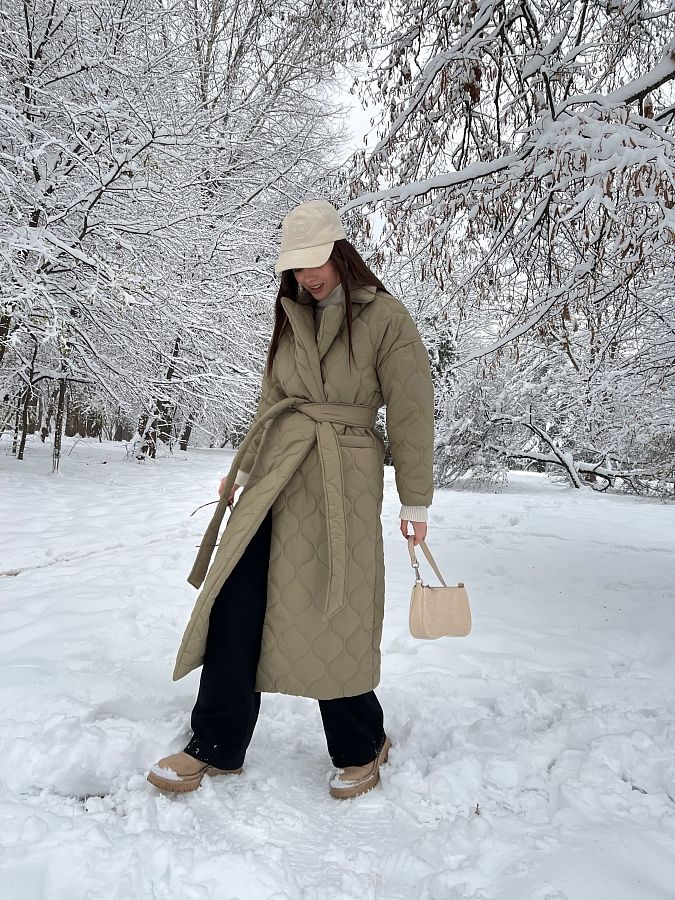 Куртка стьобана довга з поясом візерунок хвилька оливкова К0221 #RU# Куртка стеганая длинная с поясом узор волна оливковая К0221 № 3