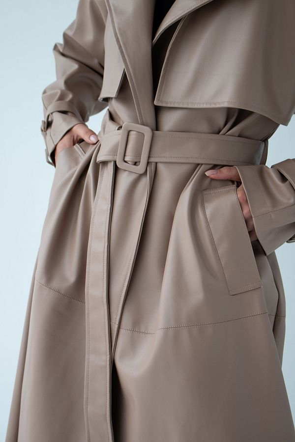 Trencz z ekoskóry na zamszu kawowy С0321 #RU# Тренч из экокожи кофейный С0321 № 2