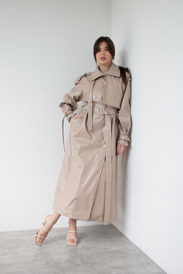 Тренч з екошкіри на тканинній основі кавовий С0121 #RU# Тренч из экокожи на кофейной основе С0121 № 1