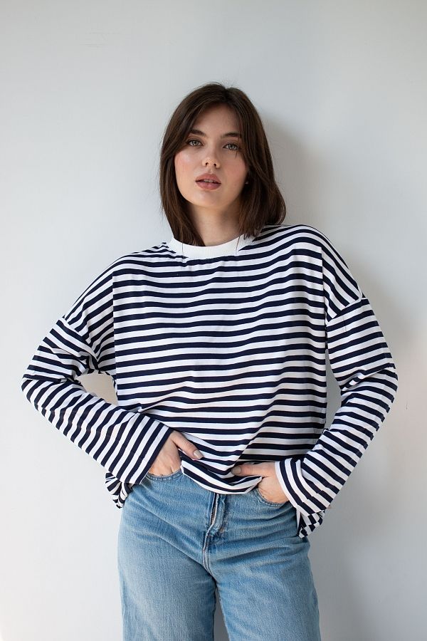 Лонгслів у смужку синій Т0922 #RU# Лонгслив в полоску черный Т0922 № 1