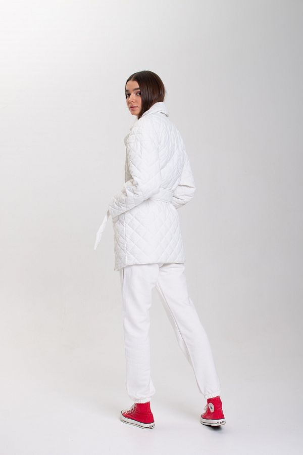 Куртка стьобана на кнопці з поясом біла К0321 #RU# Куртка стеганая на кнопке с поясом белая К0321 № 3