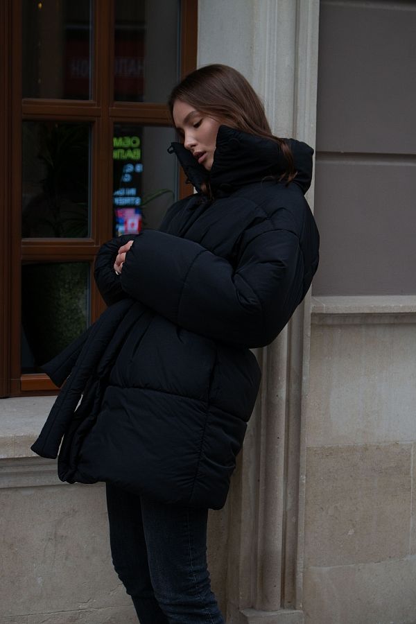 Куртка подовжена з високим коміром на кнопках чорна К0822 #RU# Куртка удлиненная с высоким воротником на кнопках черная К0822 № 2
