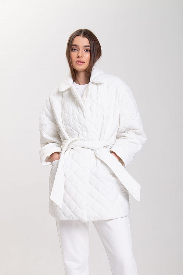 Куртка стьобана на кнопці з поясом біла К0321 #RU# Куртка стеганая на кнопке с поясом белая К0321 № 1