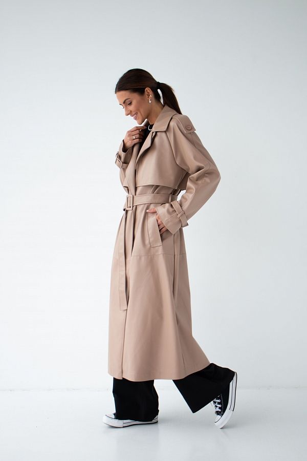 Trencz z ekoskóry na zamszu kawowy С0321 #RU# Тренч из экокожи кофейный С0321 № 3