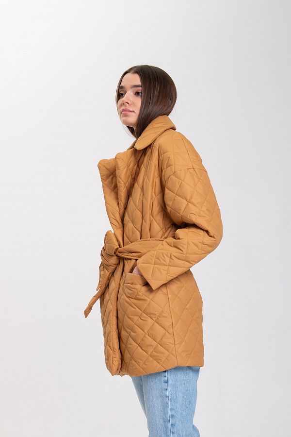 Куртка стьобана на кнопці з поясом гірчичний К0321 #RU# Куртка стеганная на кнопке с поясом горчичная К0321 № 3