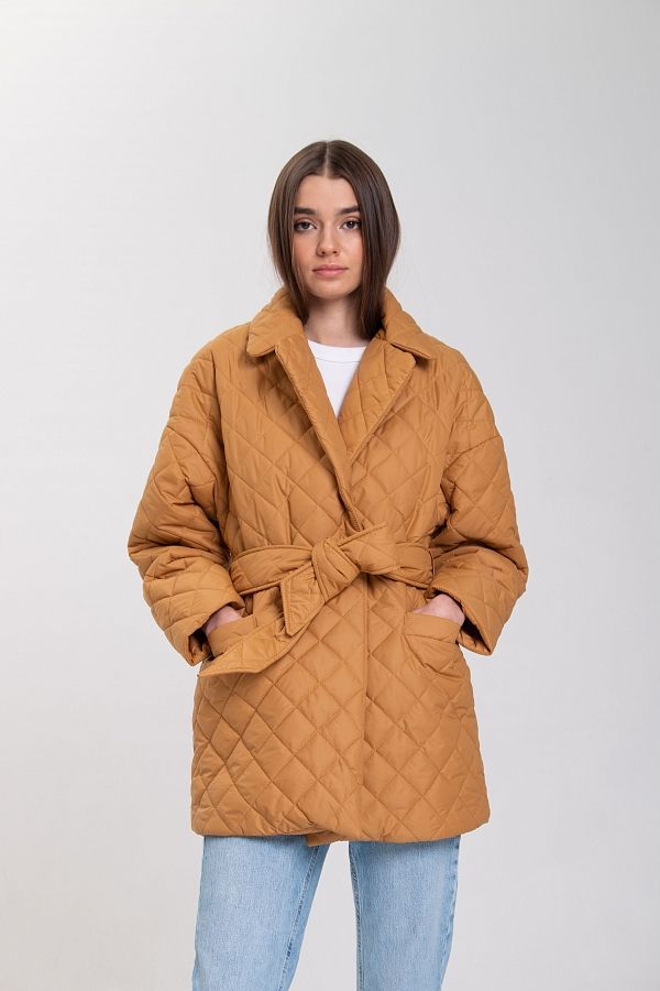 Куртка стьобана на кнопці з поясом гірчичний К0321 #RU# Куртка стеганная на кнопке с поясом горчичная К0321 № 1
