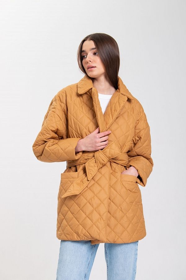 Куртка стьобана на кнопці з поясом гірчичний К0321 #RU# Куртка стеганная на кнопке с поясом горчичная К0321 № 2